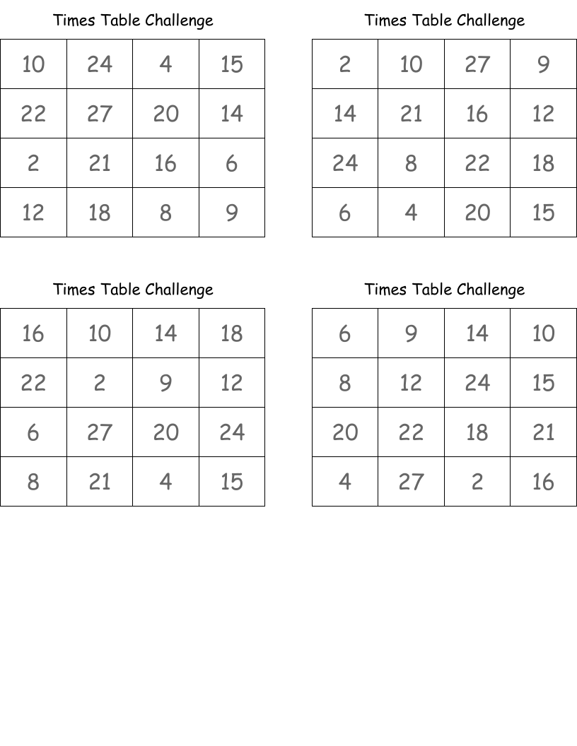 Times Table Challenge Bingo Cards