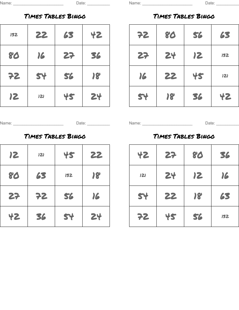 Times Tables Bingo