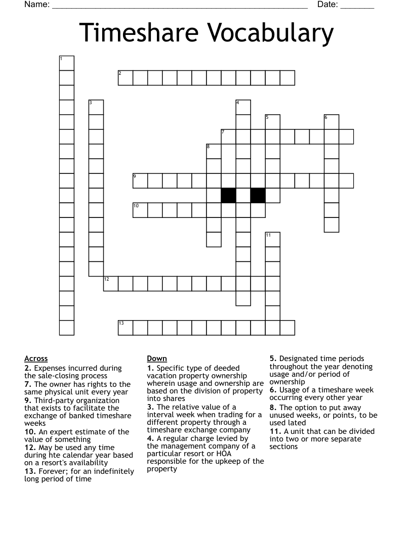 Timeshare Vocabulary Crossword