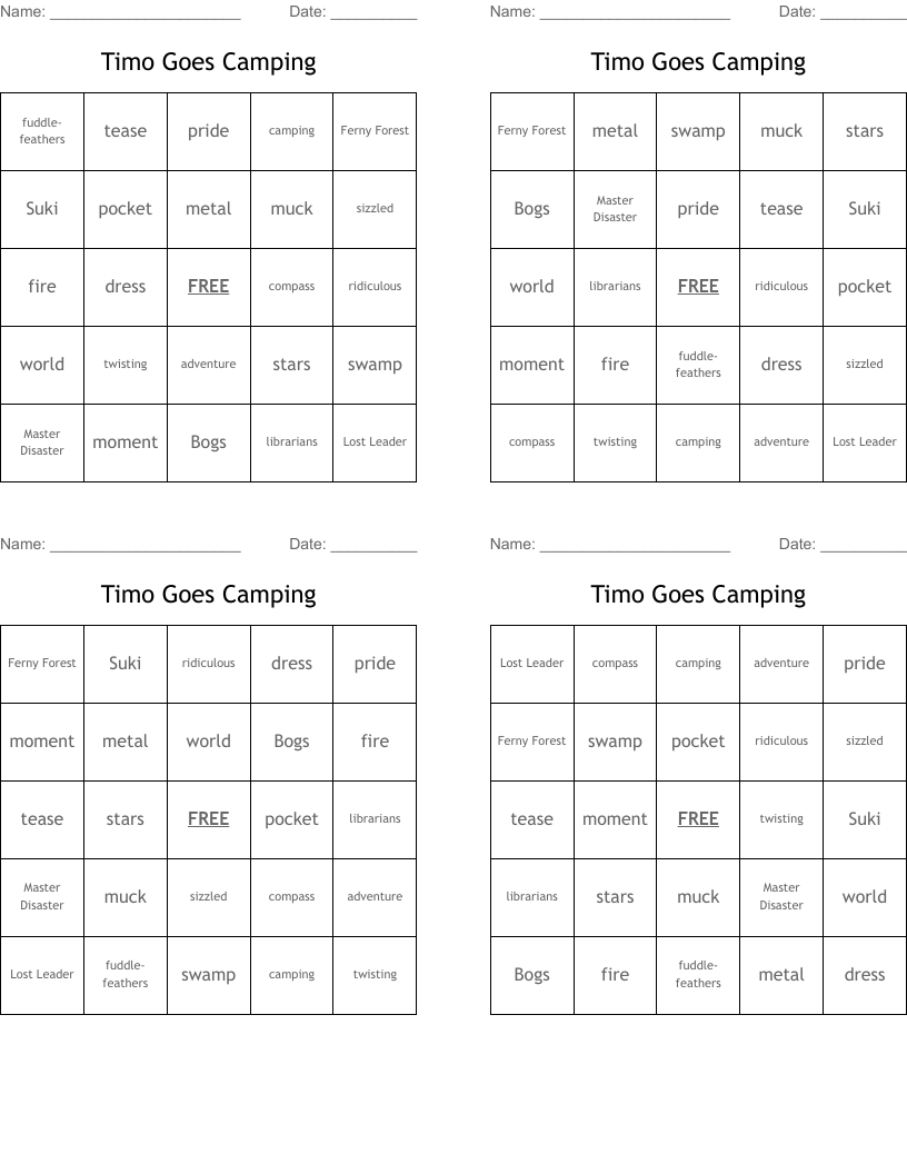 Timo Goes Camping  Bingo Cards