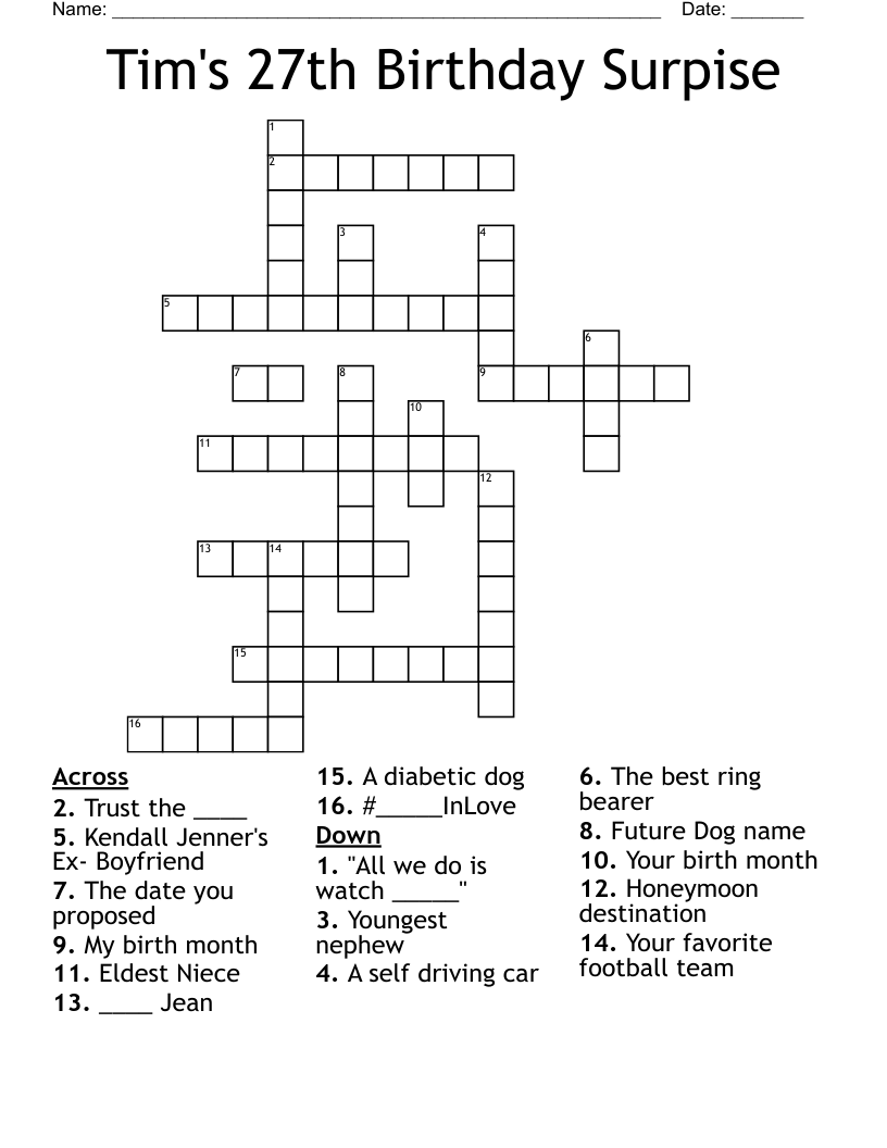 Tim's 27th Birthday Surpise  Crossword