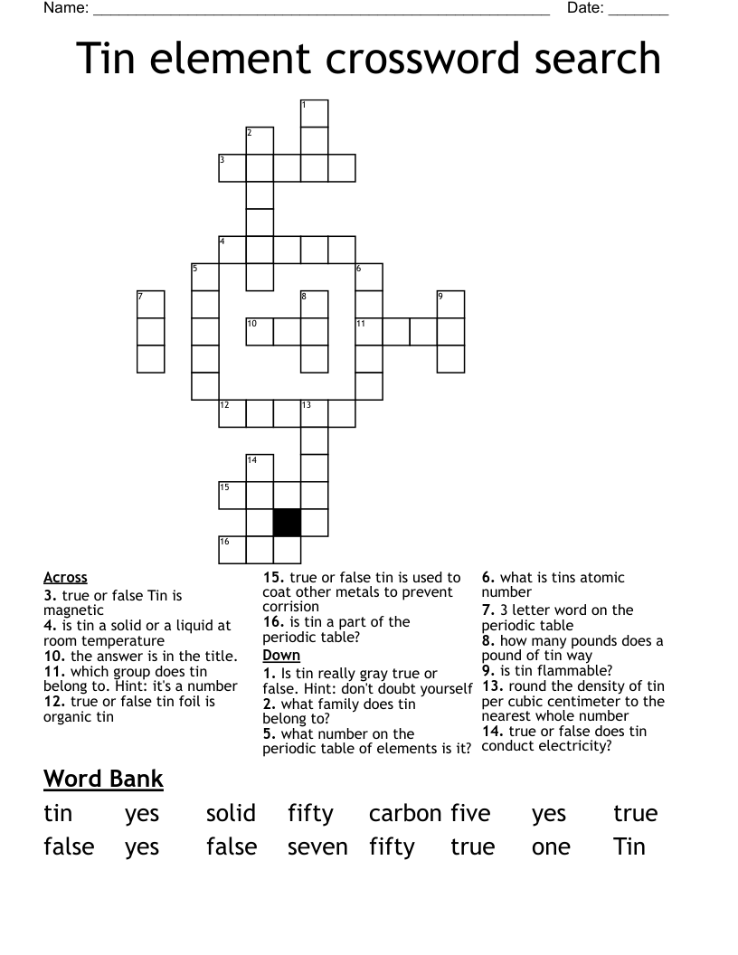Tin element crossword search