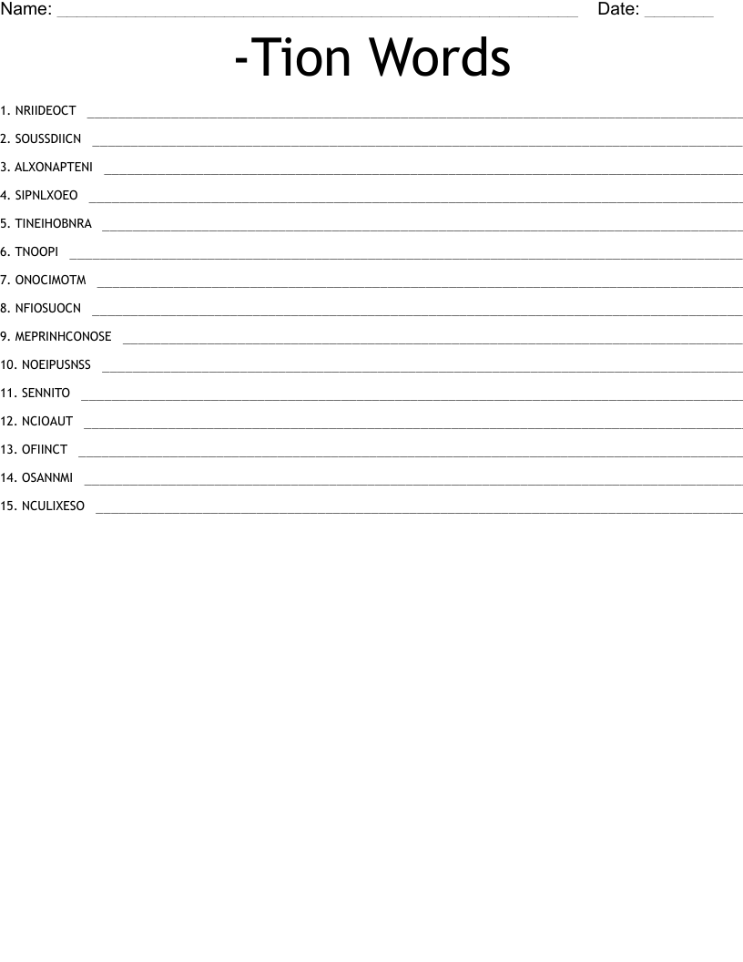-Tion Words Word Scramble