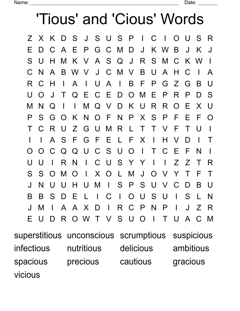 'Tious' and 'Cious' Words Word Search