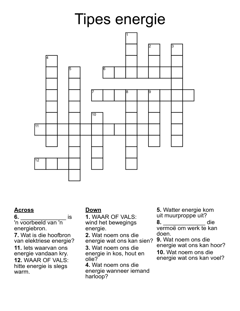 Tipes energie Crossword