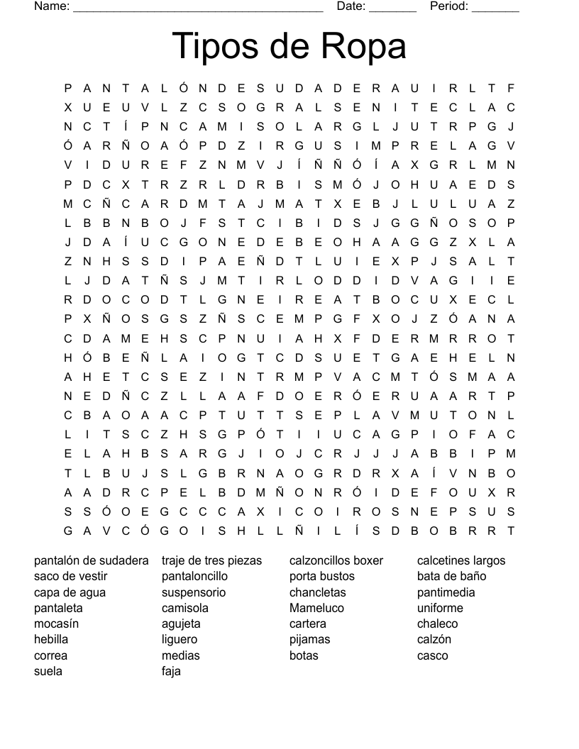 Tipos de Ropa Word Search