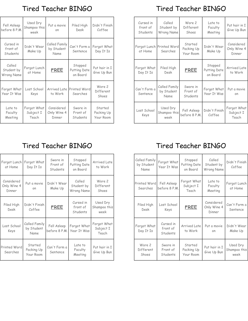 Tired Teacher BINGO