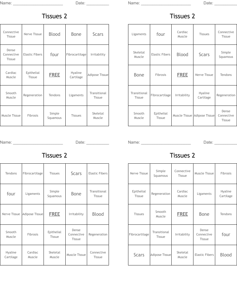 Tissues 2 Bingo Cards