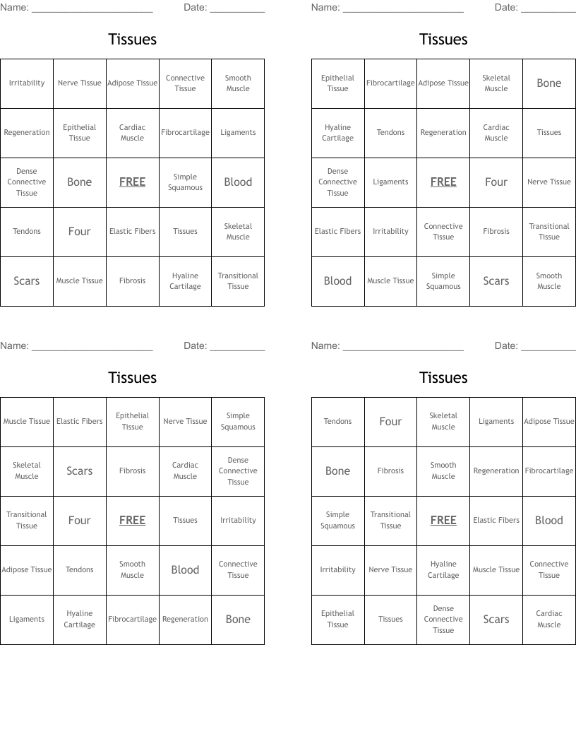 Tissues Bingo Cards
