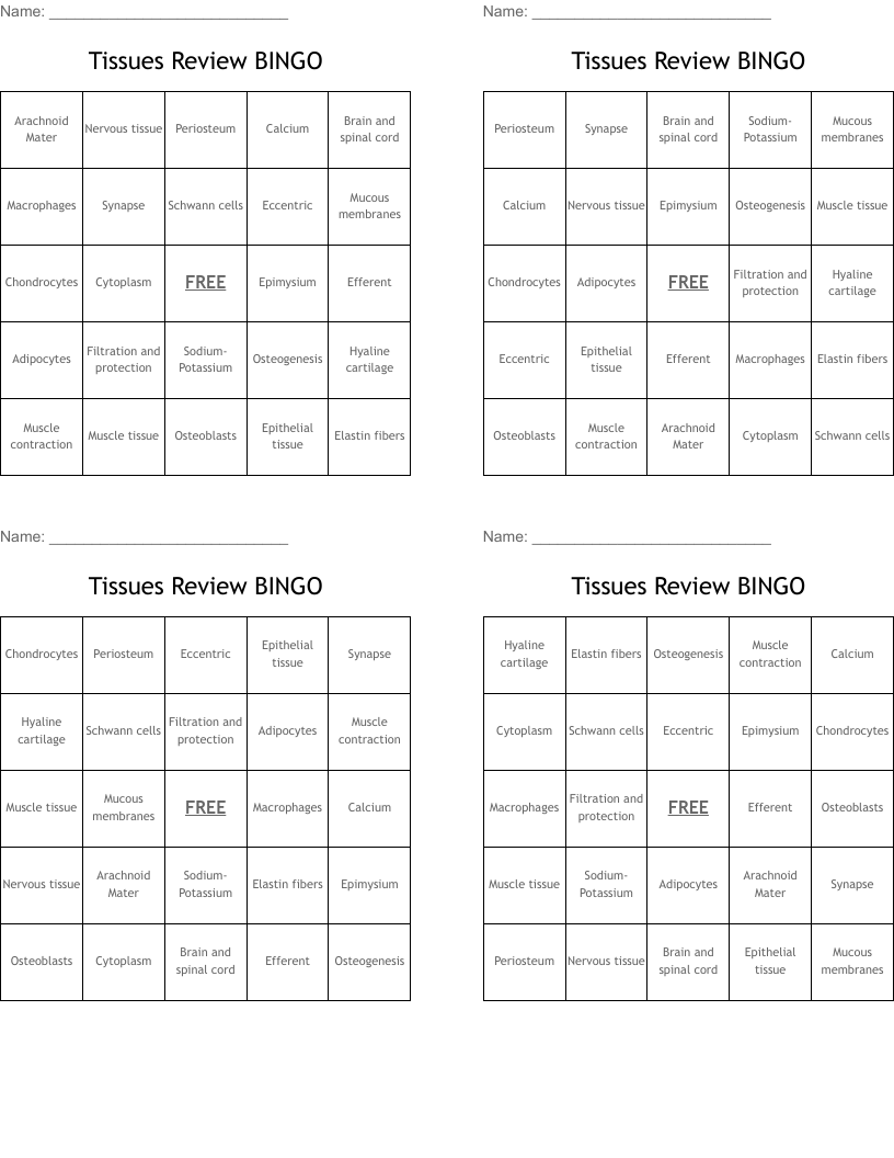 Tissues Review BINGO