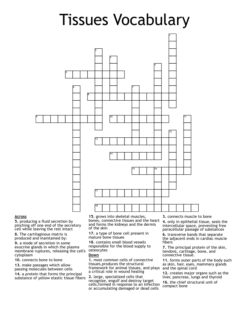 Tissues Vocabulary Crossword