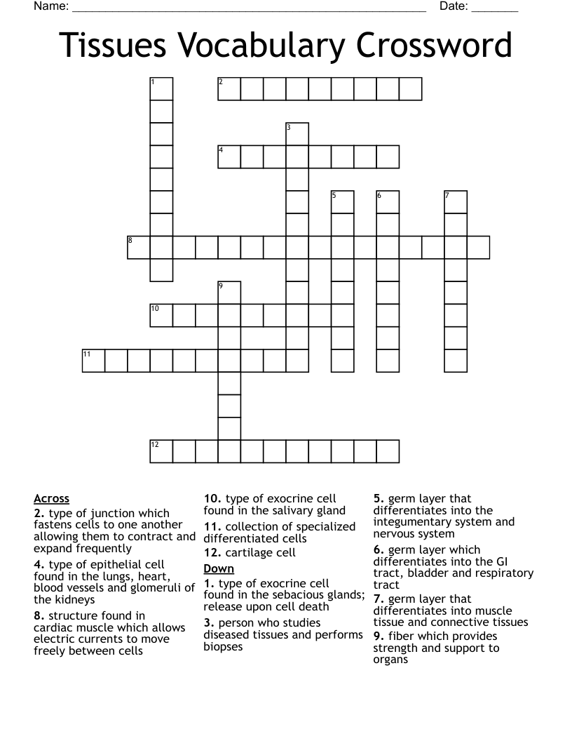 Tissues Vocabulary Crossword