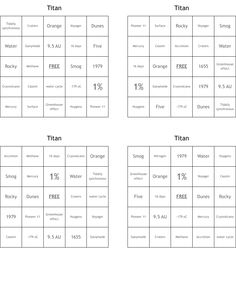 Titan Bingo Cards