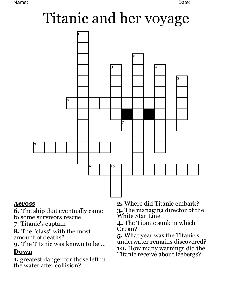 Titanic and her voyage Crossword