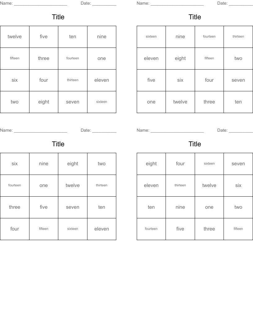 Title Bingo Cards