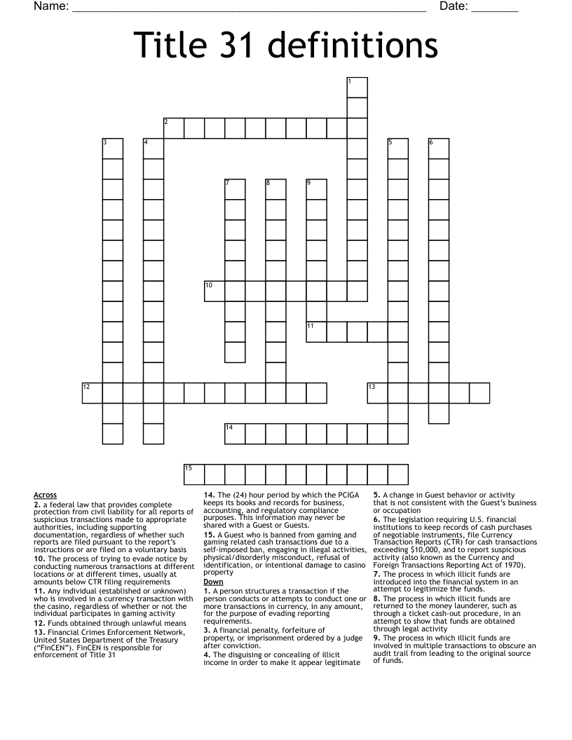 Title 31 definitions Crossword