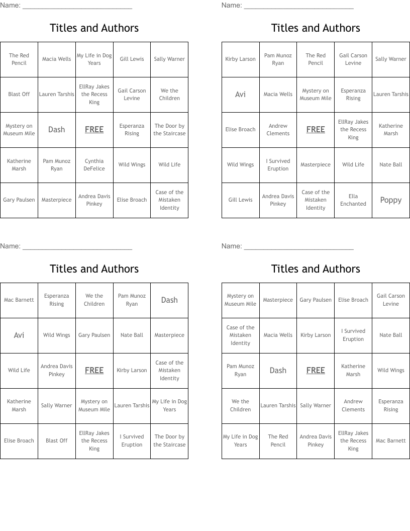 Titles and Authors Bingo Cards
