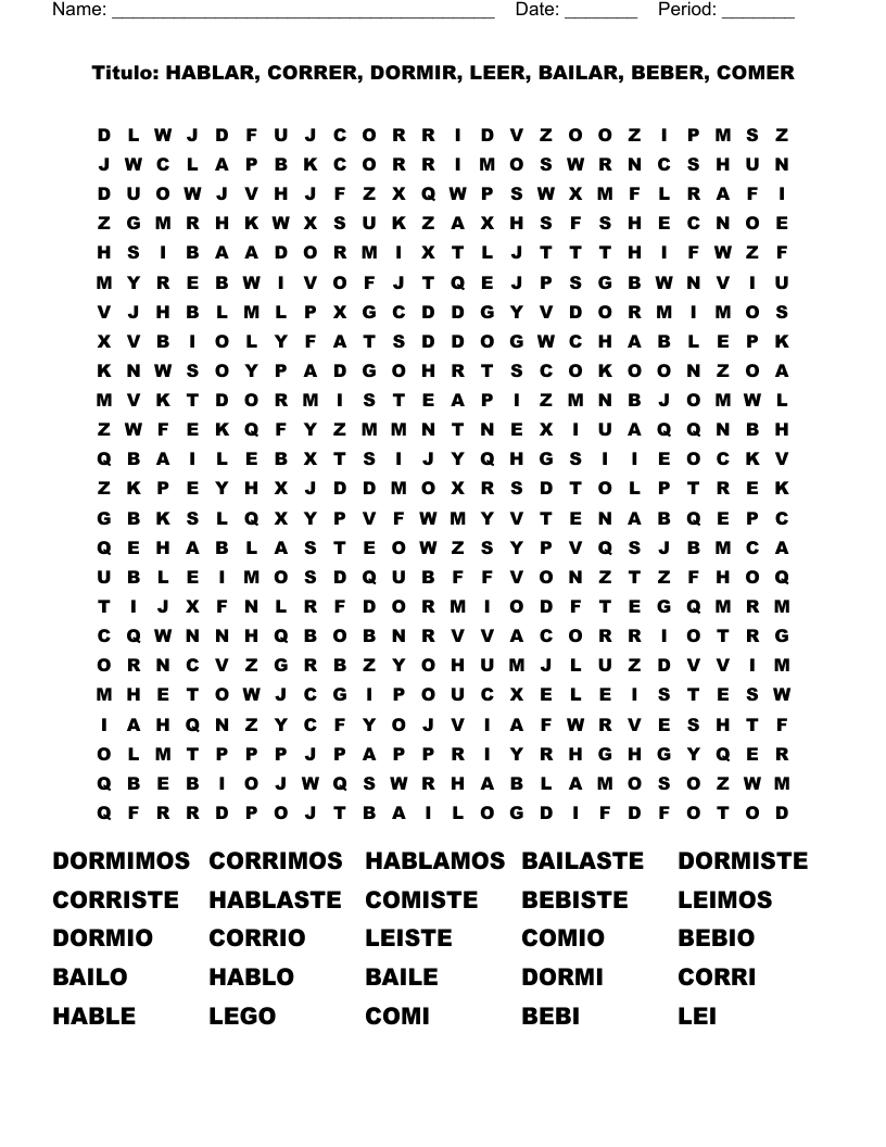 Titulo: HABLAR, CORRER, DORMIR, LEER, BAILAR, BEBER, COMER Word Search