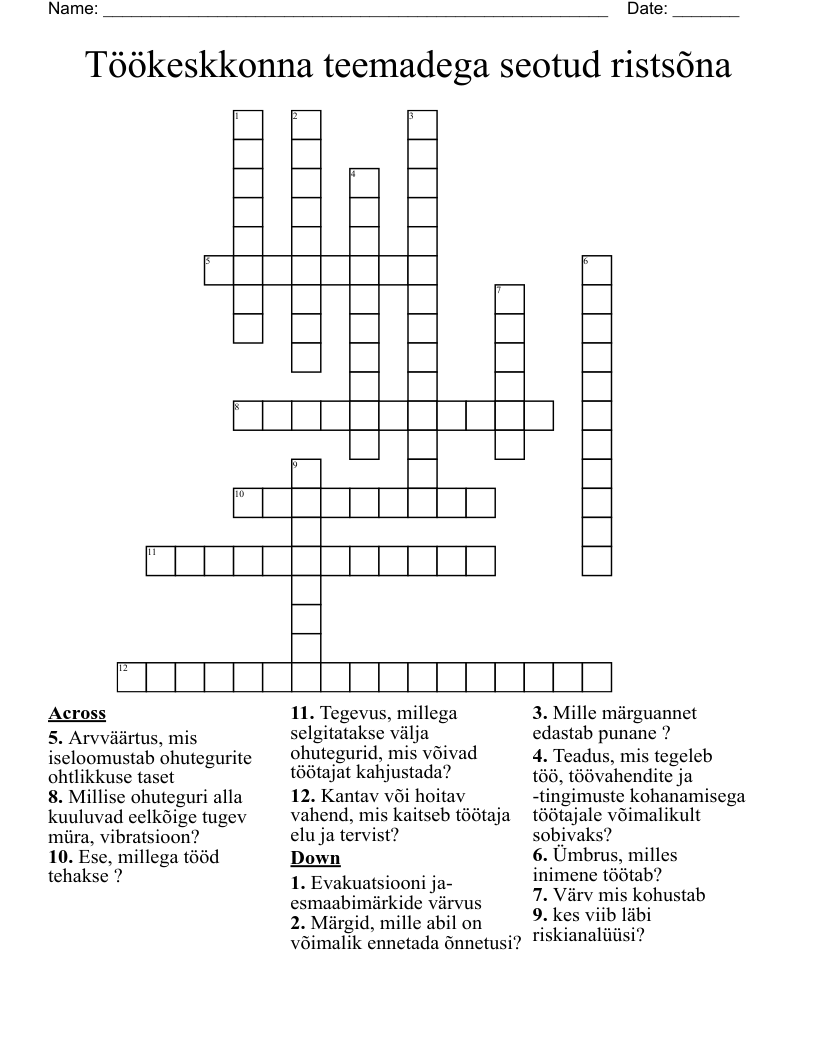 Töökeskkonna teemadega seotud ristsõna Crossword