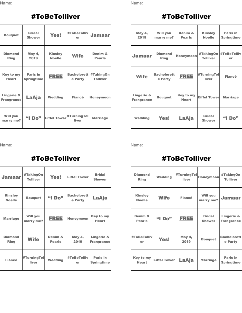 #ToBeTolliver Bingo Cards