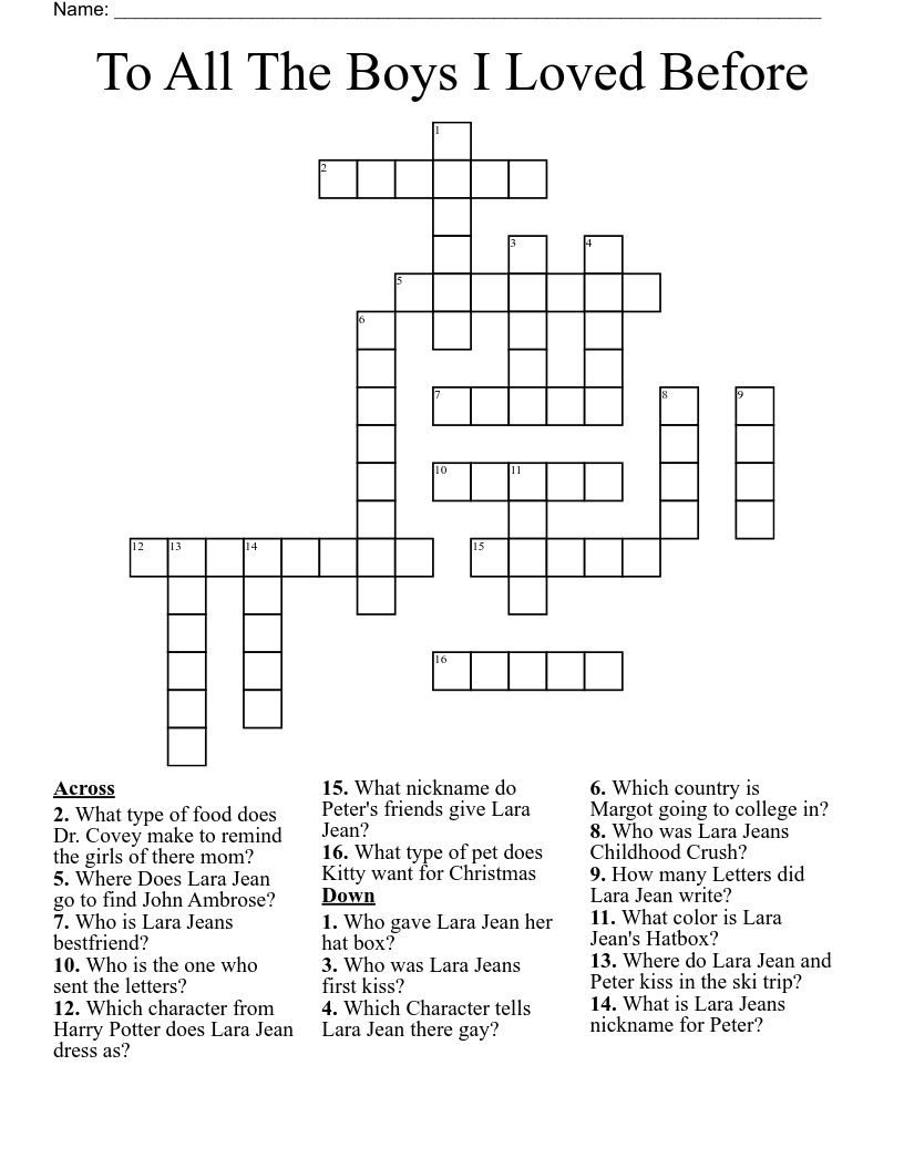To All The Boys I Loved Before Crossword