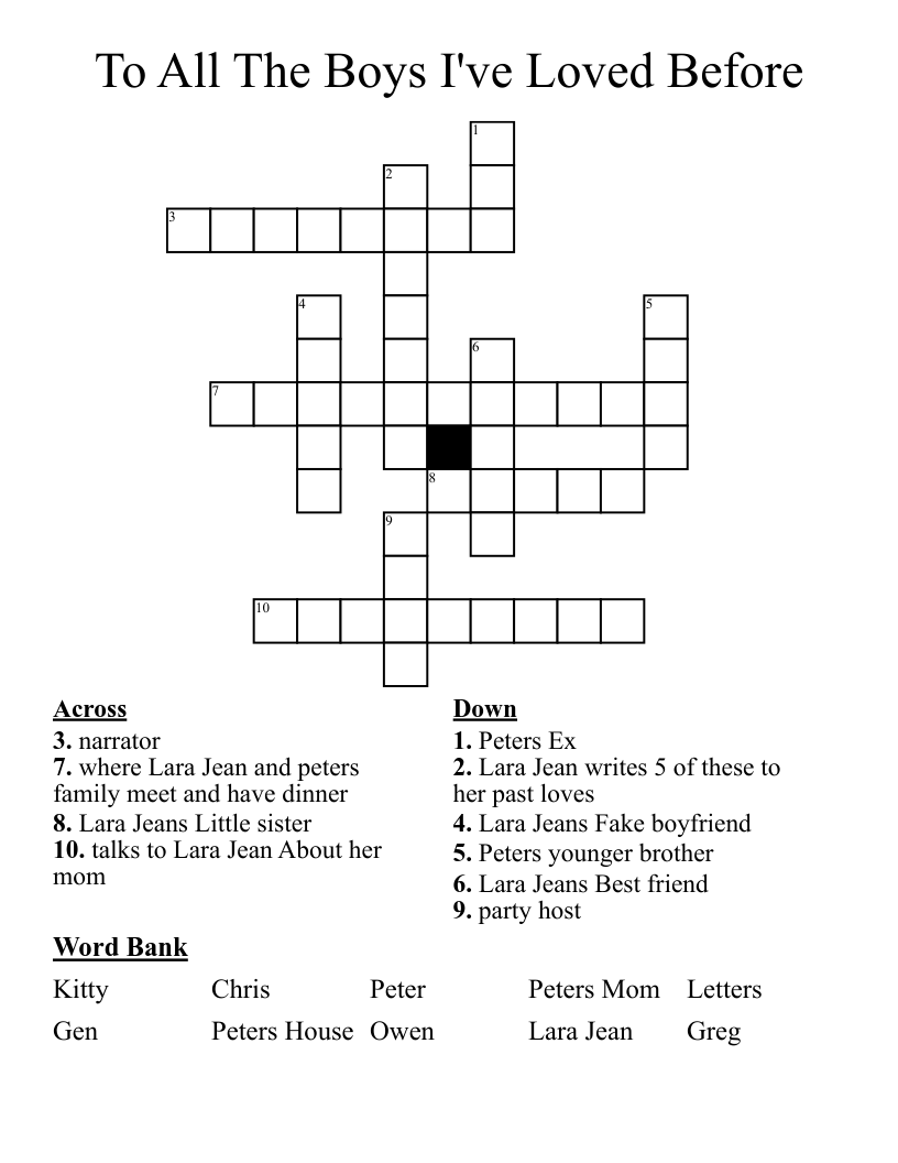 To All The Boys I've Loved Before Crossword