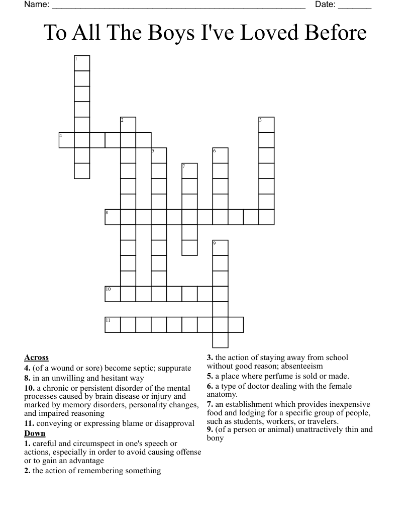 To All The Boys I've Loved Before Crossword