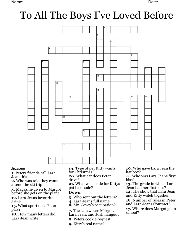 To All The Boys I've Loved Before Crossword