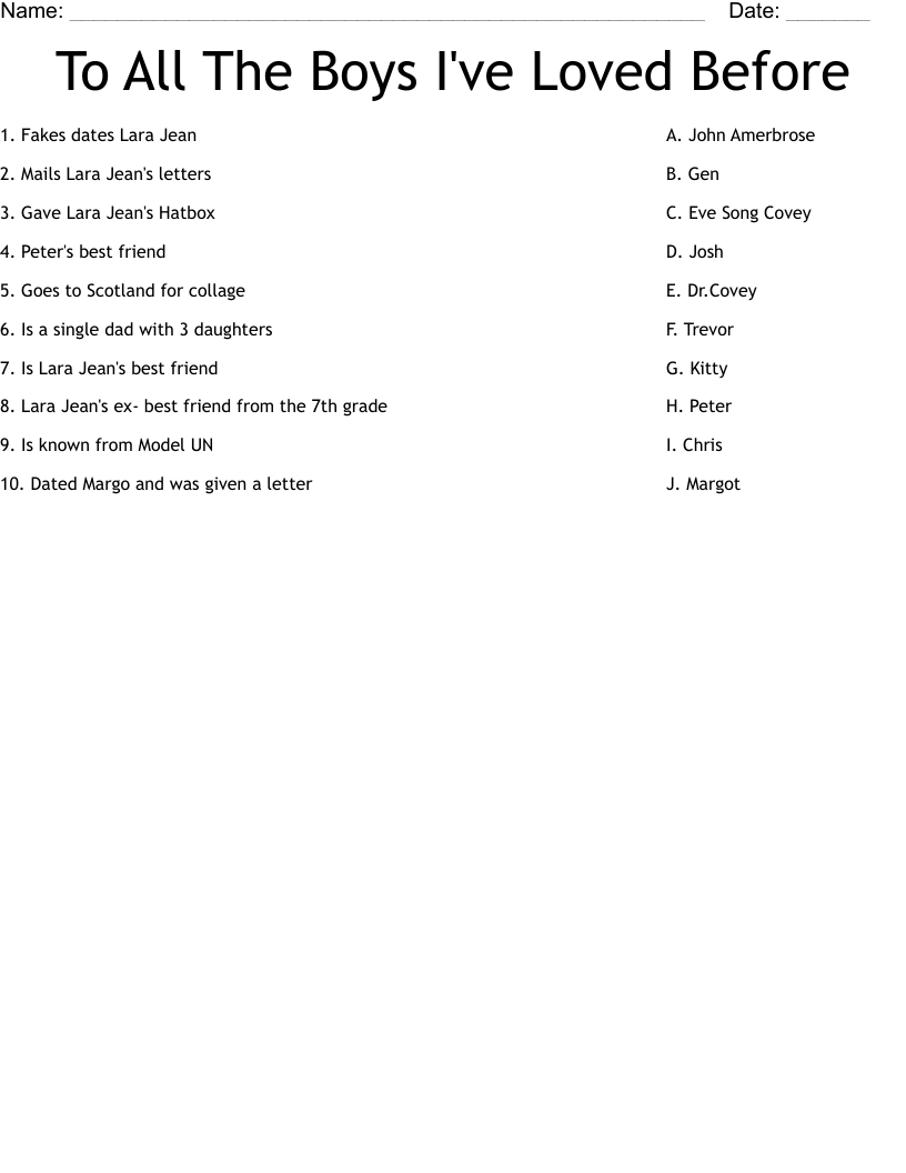 To All The Boys I've Loved Before  Worksheet