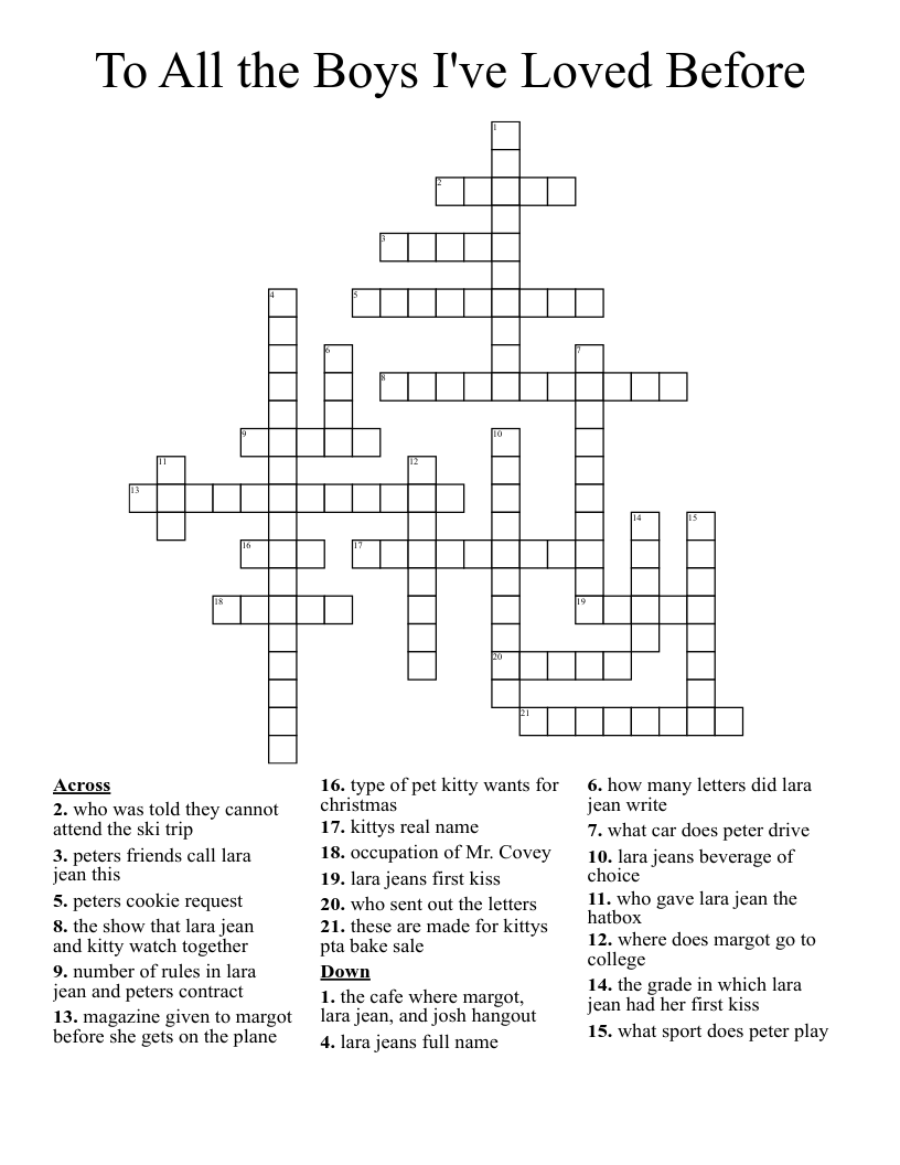 To All the Boys I've Loved Before Crossword