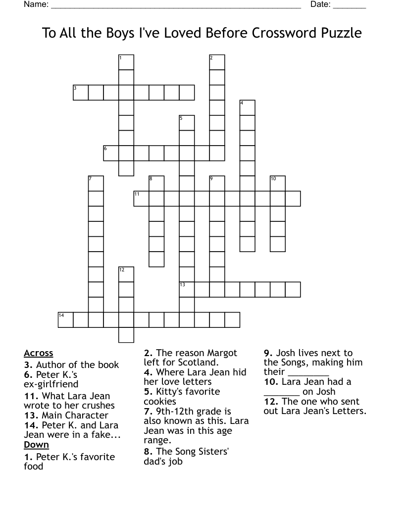 To All the Boys I've Loved Before Crossword Puzzle
