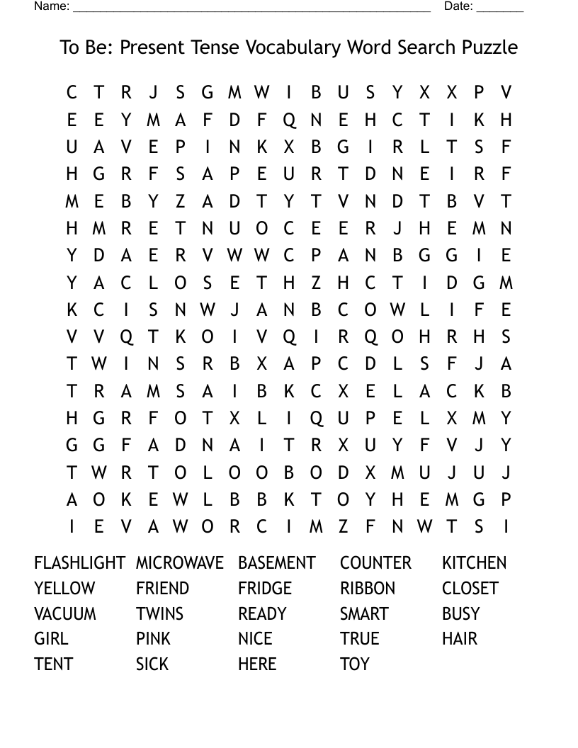 To Be: Present Tense Vocabulary Word Search Puzzle