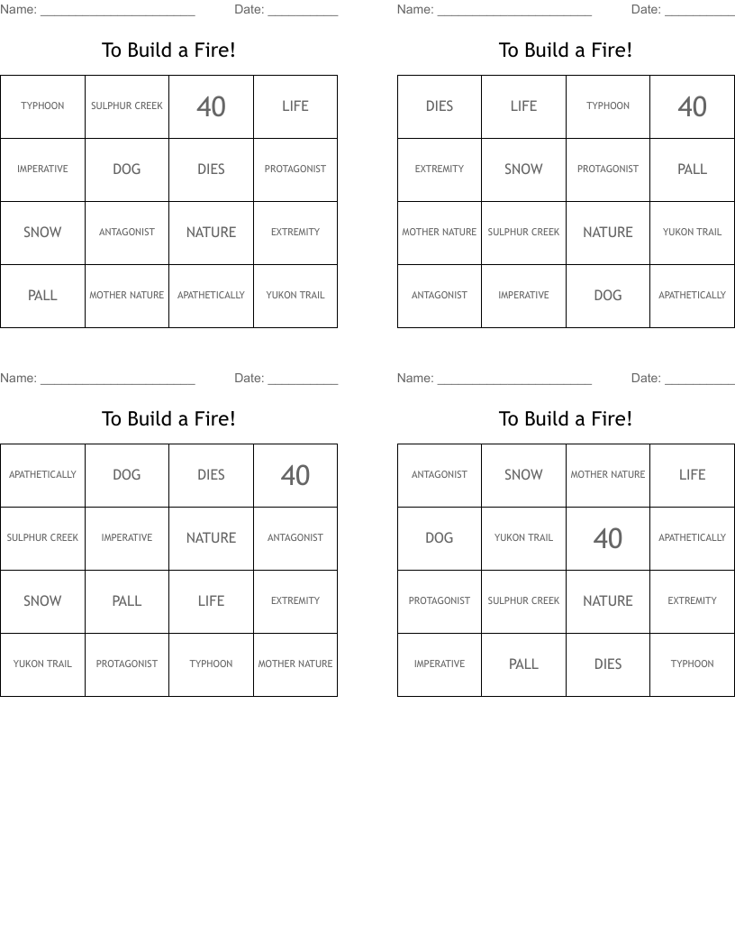 To Build a Fire! Bingo Cards
