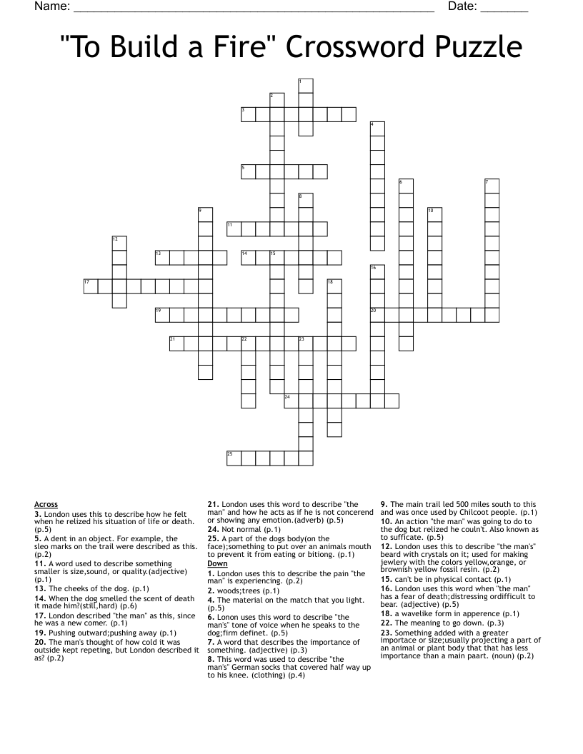 "To Build a Fire" Crossword Puzzle