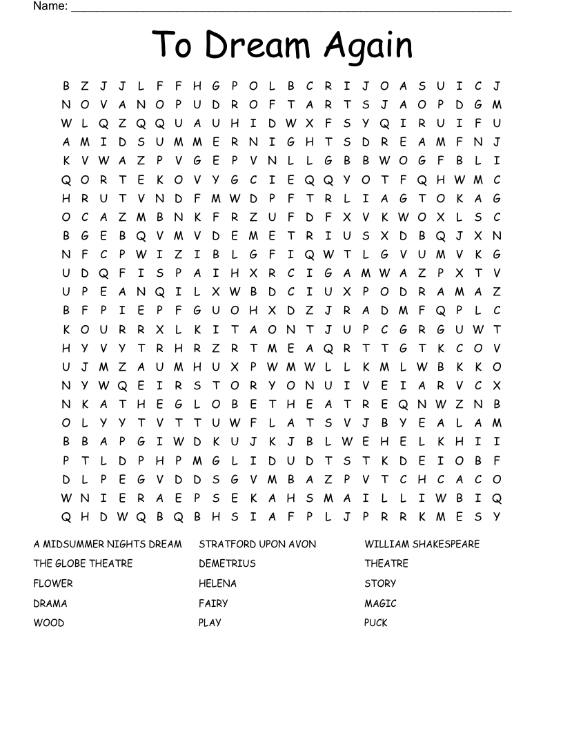 To Dream Again Word Search