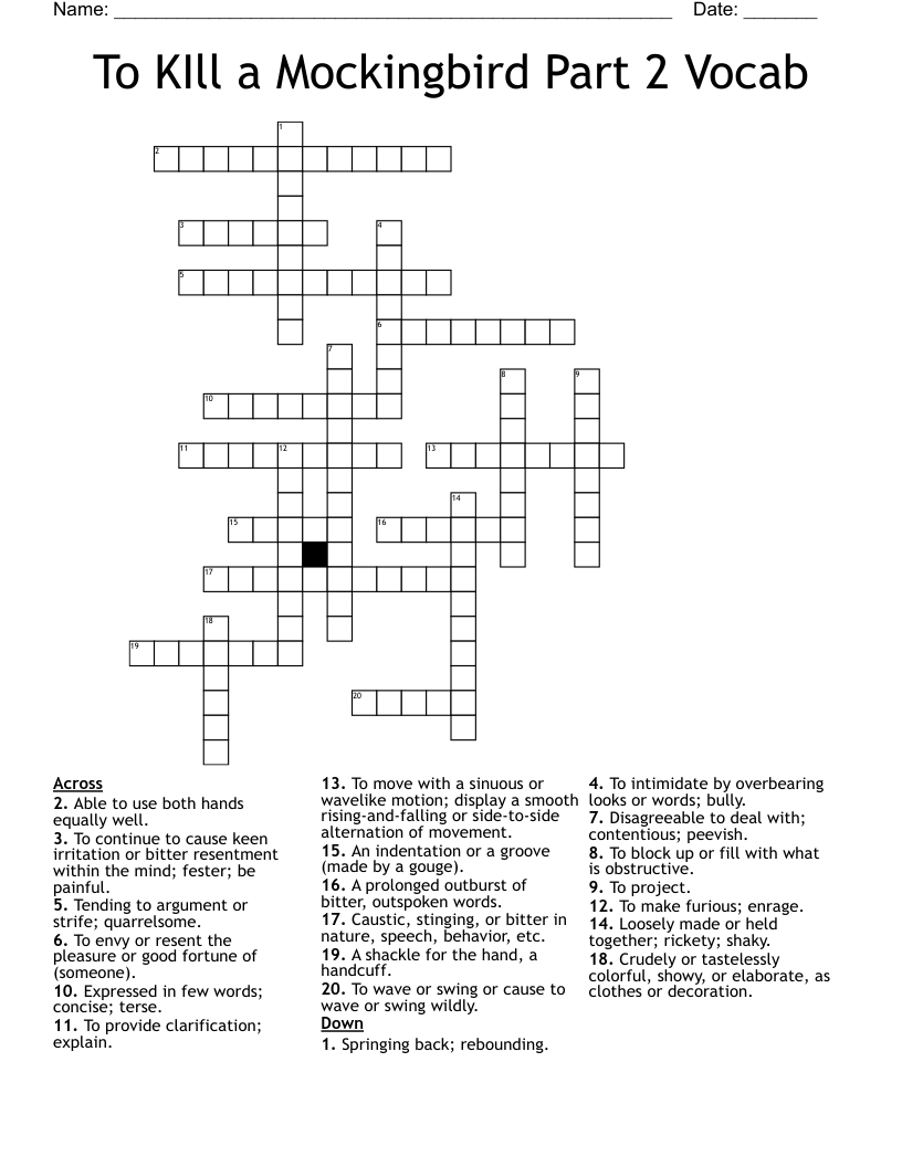 To KIll a Mockingbird Part 2 Vocab Crossword