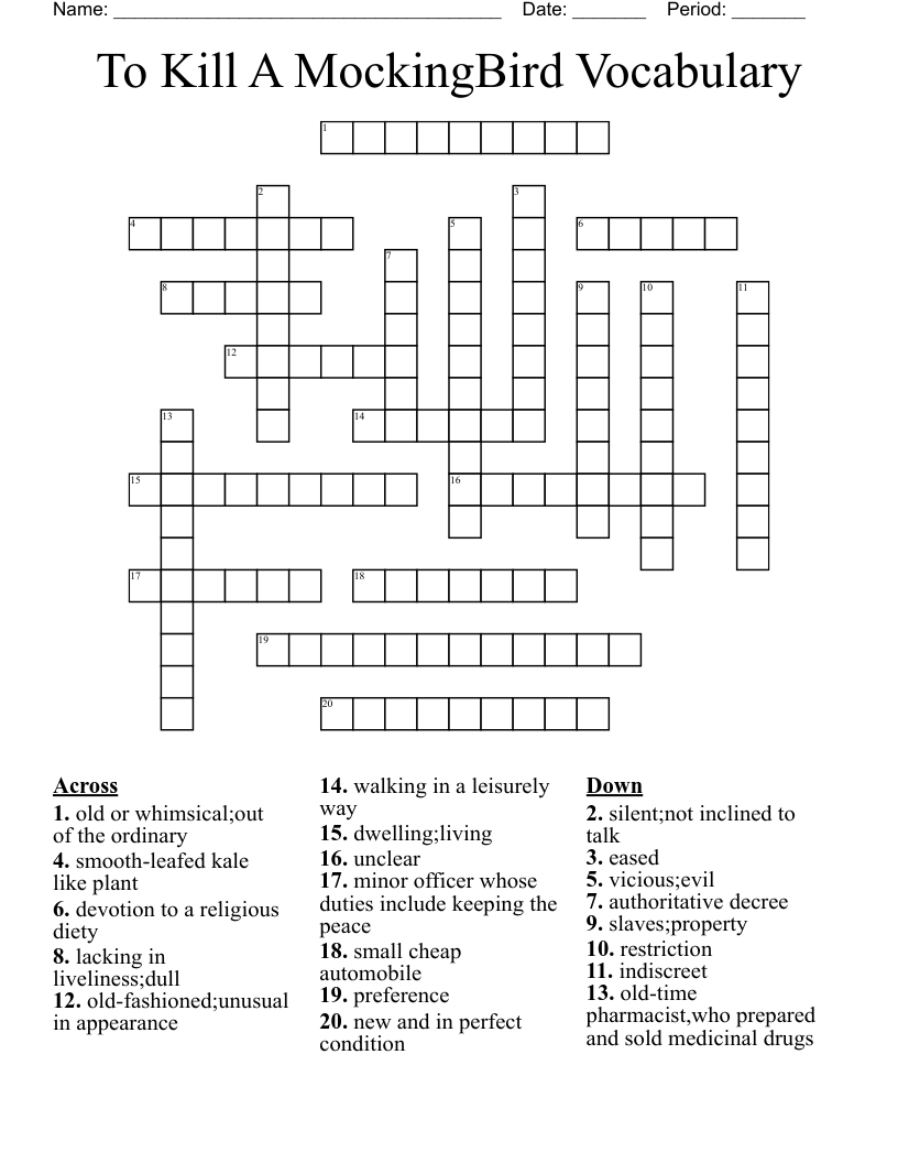 To Kill A MockingBird Vocabulary Crossword