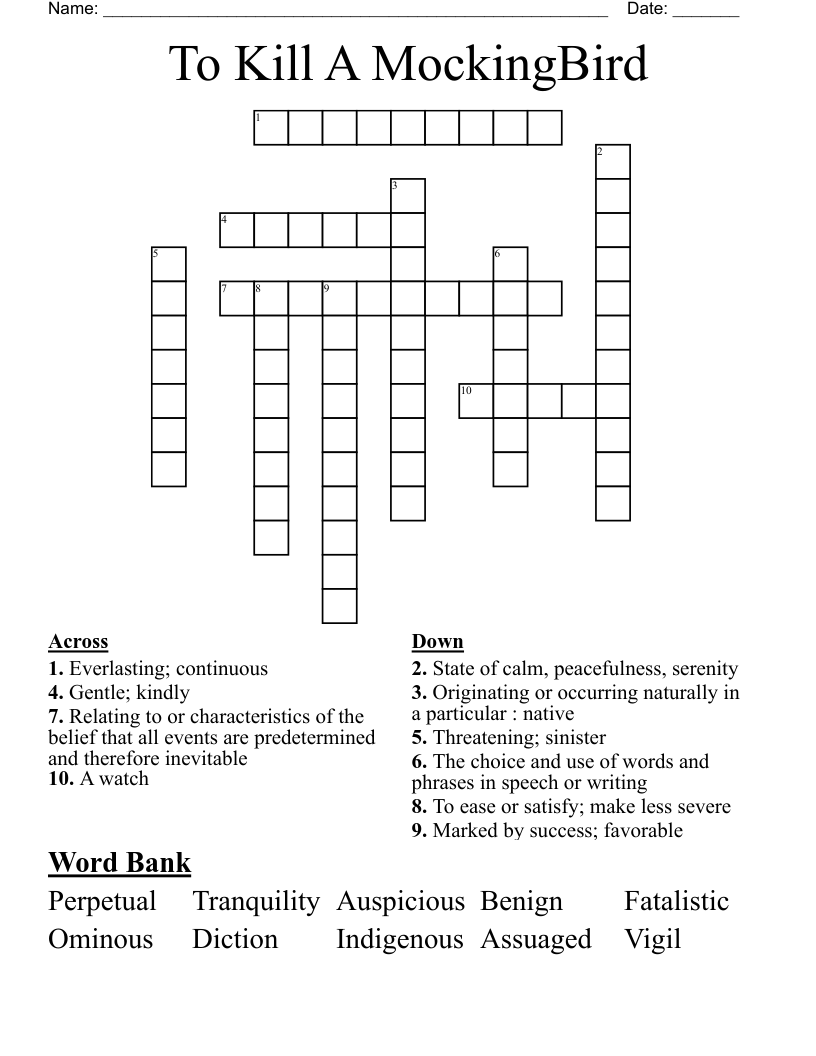 To Kill A MockingBird  Crossword