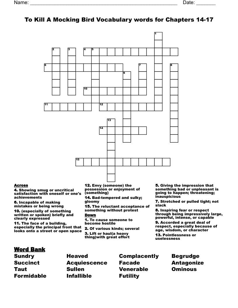 To Kill A Mocking Bird Vocabulary words for Chapters 14-17 Crossword