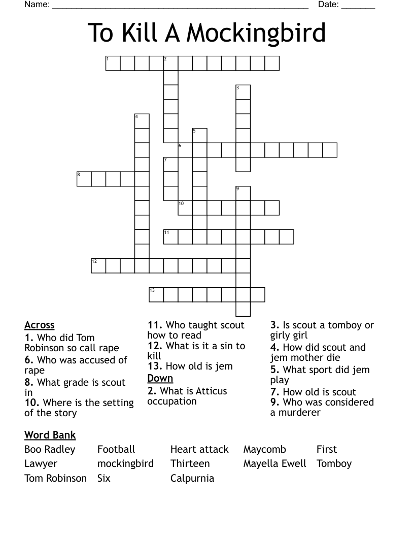 To Kill A Mockingbird Crossword