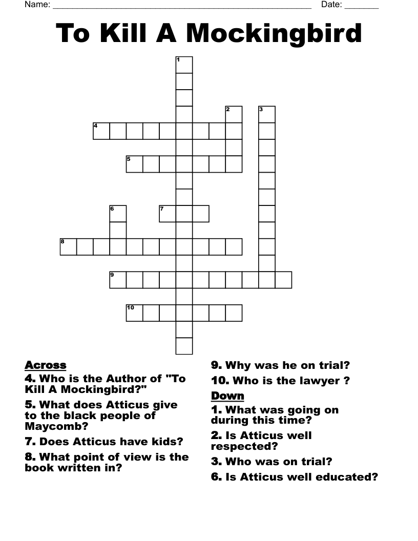 To Kill A Mockingbird Crossword