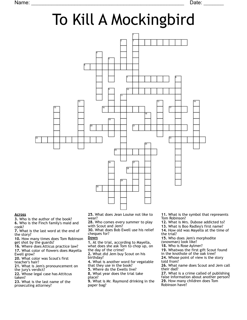 To Kill A Mockingbird Crossword