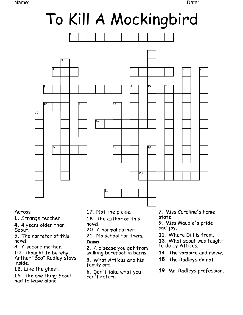 To Kill A Mockingbird Crossword