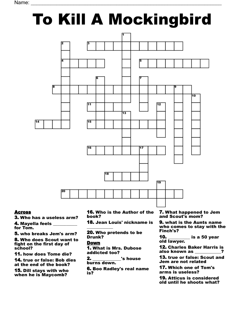 To Kill A Mockingbird Crossword