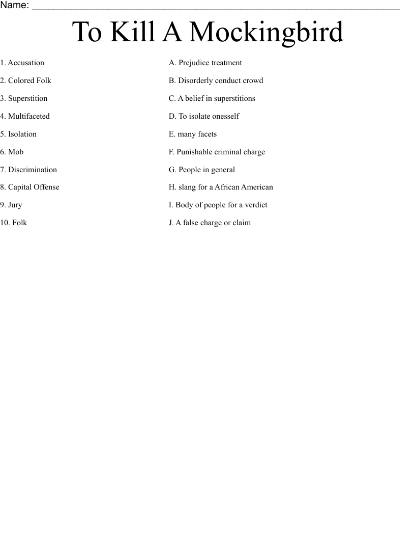 To Kill A Mockingbird Worksheet