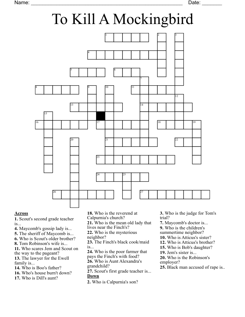 To Kill A Mockingbird Crossword