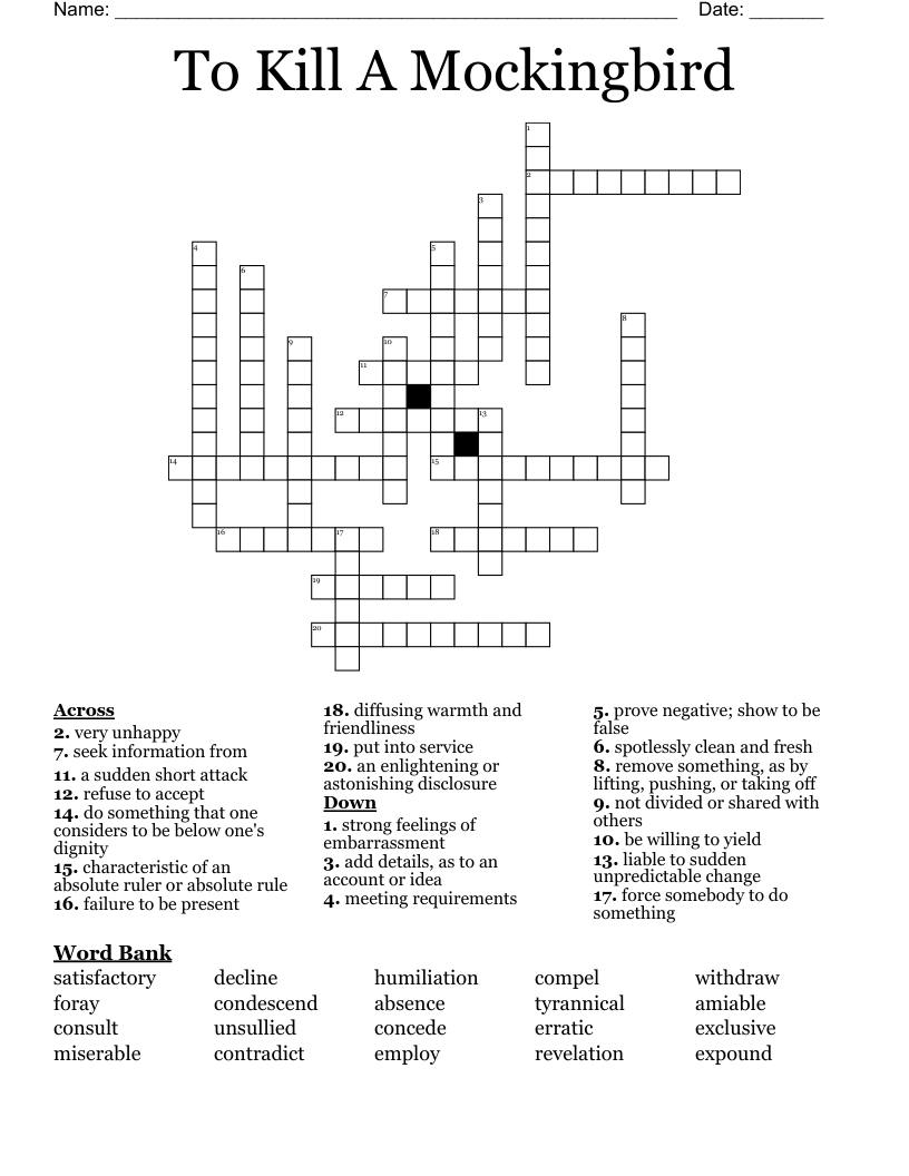 To Kill A Mockingbird Crossword