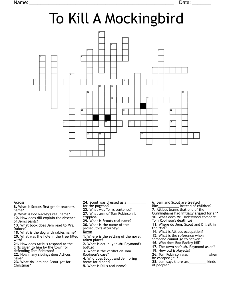 To Kill A Mockingbird Crossword