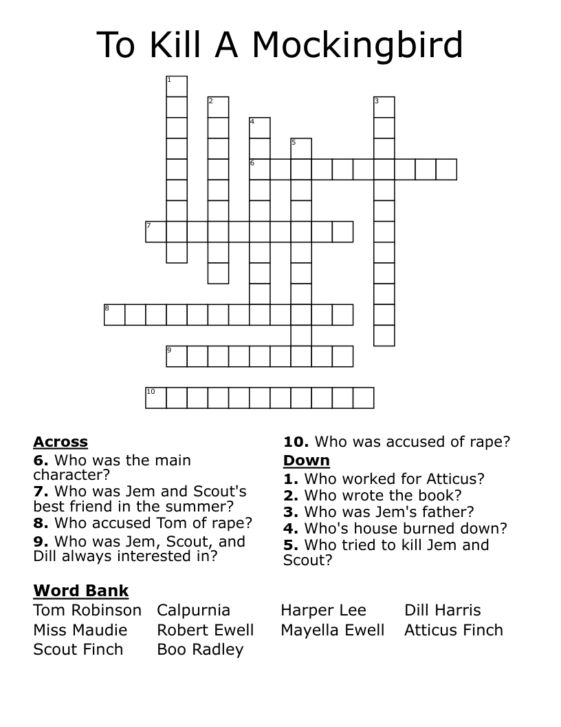 To Kill A Mockingbird Crossword