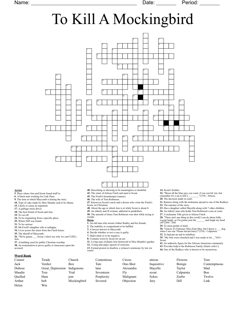 To Kill A Mockingbird Crossword